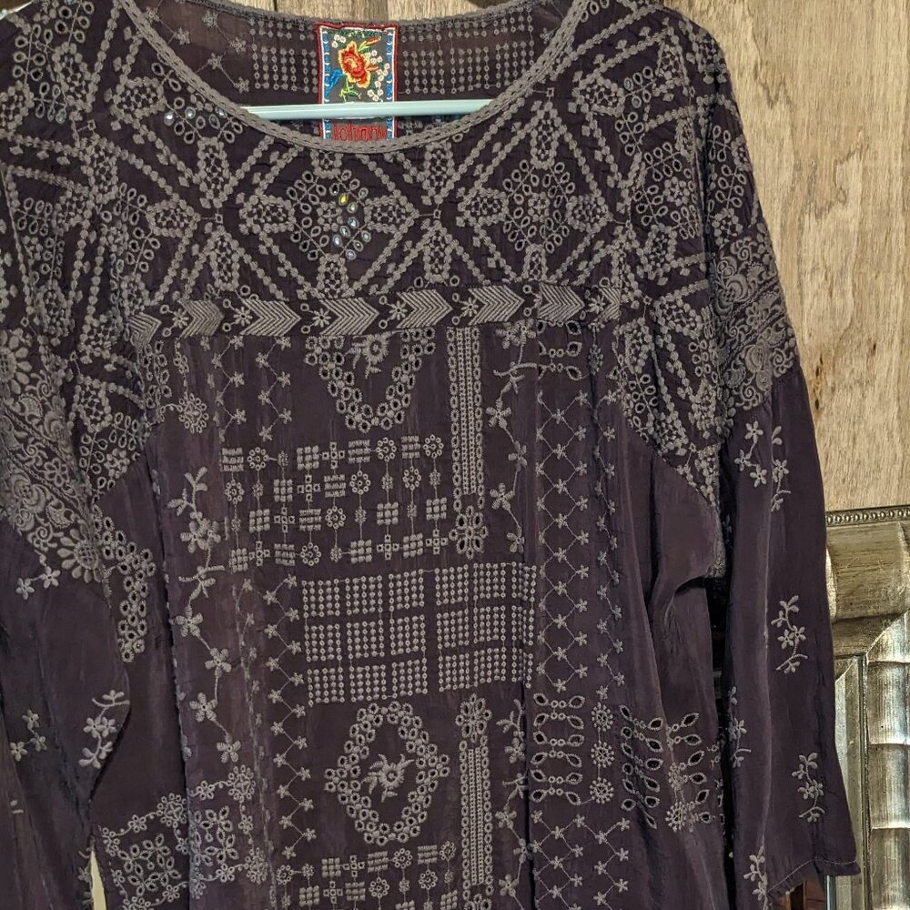 Johnny Was Brown Embroidered Boho Blouse